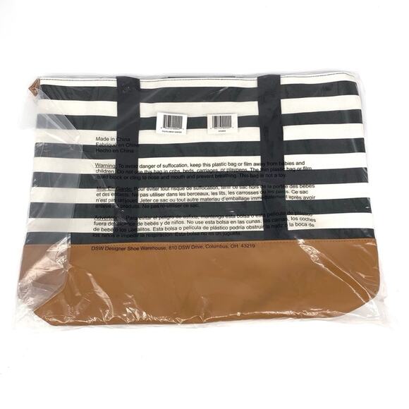 NWT DSW Unisex Striped Travel Tote Black White Tan - Picture 1 of 2